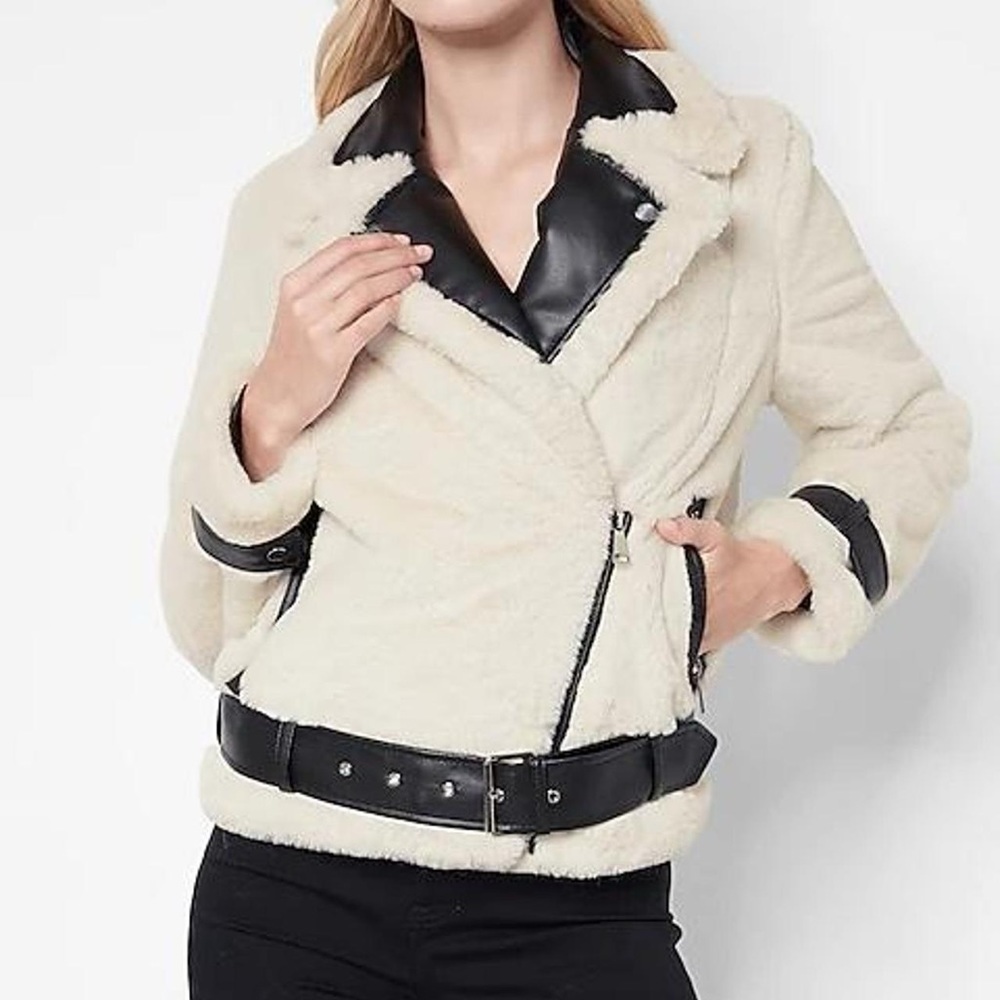 EUC Express White Fur jacket with leather detail XL
